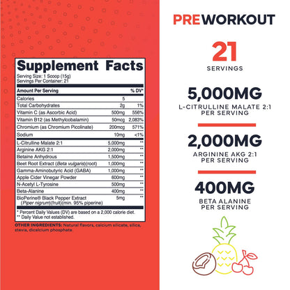 Ultra Clean Stim Free Pump Pre Workout + Nitric Oxide Booster (Fruit Punch) Beetroot, 7G Arginine Citrulline Malate, Betaine, Beta A, ACV+ - Sugar/Caffeine Free Natural Non Stim Preworkout Men & Women - Maple Wellness Supplements