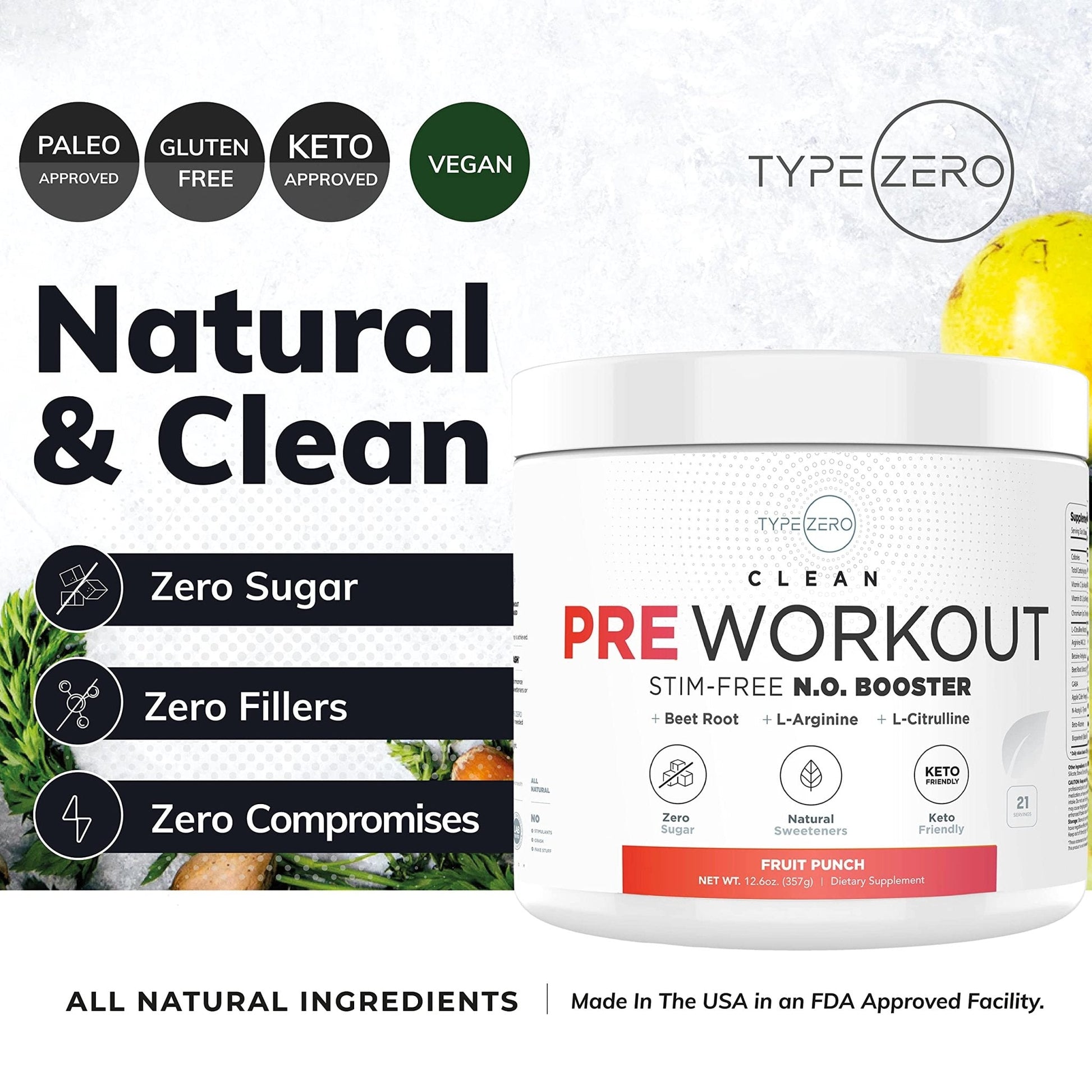 Ultra Clean Stim Free Pump Pre Workout + Nitric Oxide Booster (Fruit Punch) Beetroot, 7G Arginine Citrulline Malate, Betaine, Beta A, ACV+ - Sugar/Caffeine Free Natural Non Stim Preworkout Men & Women - Maple Wellness Supplements