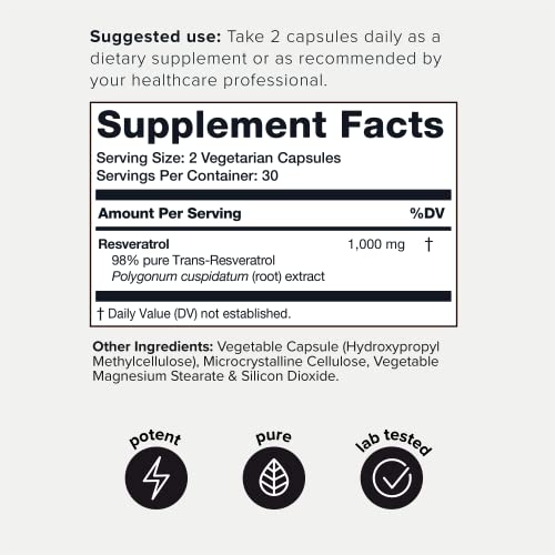 Ultra High Potency Third-Party Tested Trans Resveratrol 1000mg - 98% Pure - Maple Wellness Supplements