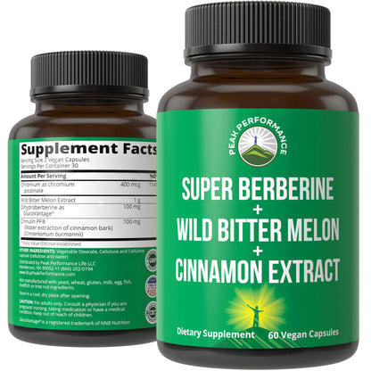 Ultra High Strength 4-in-1 Super Berberine Patented GlucoVantage + Wild Bitter Melon + Cinnamon Extract + Chromium Picolinate Vegan Capsules. Great Supplement to Support After-Meal Spikes and Energy - Maple Wellness Supplements