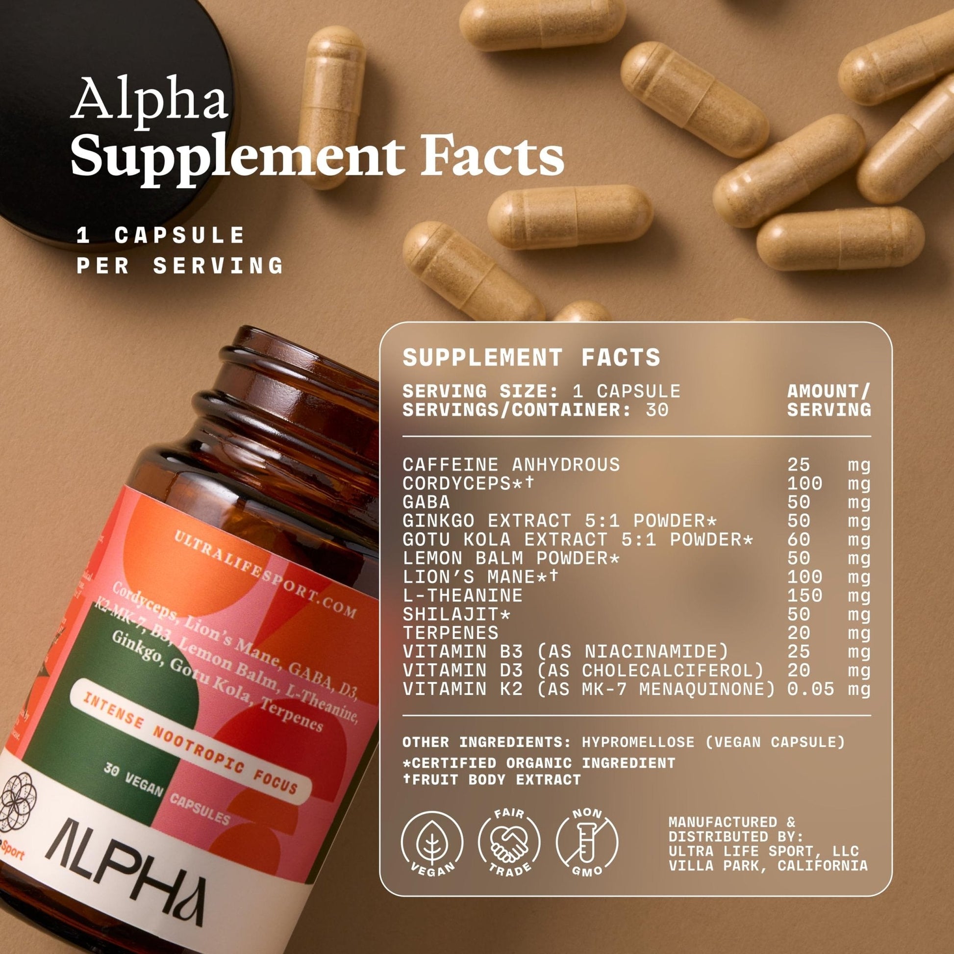 Ultra Life Sport - Alpha Nootropic - 30 Capsule Body and Brain Supplements for Memory and Focus - L-Theanine, B Vitamins, Lion's Mane, Cordyceps Mushrooms, Vitamin D3, K2 MK-7, Lemon Balm and Ginkgo - Maple Wellness Supplements