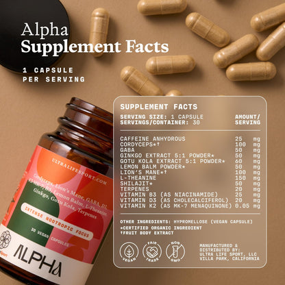 Ultra Life Sport - Alpha Nootropic - 30 Capsule Body and Brain Supplements for Memory and Focus - L-Theanine, B Vitamins, Lion's Mane, Cordyceps Mushrooms, Vitamin D3, K2 MK-7, Lemon Balm and Ginkgo - Maple Wellness Supplements
