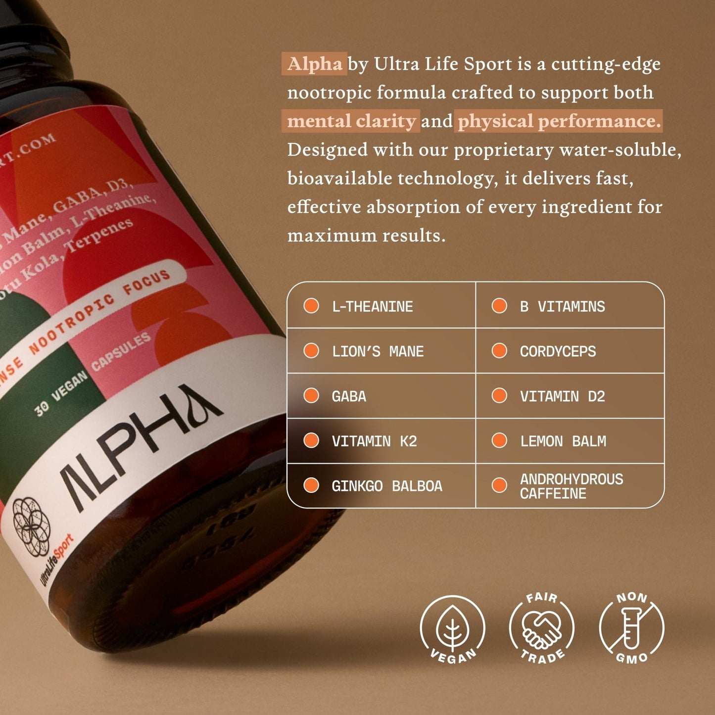 Ultra Life Sport - Alpha Nootropic - 30 Capsule Body and Brain Supplements for Memory and Focus - L-Theanine, B Vitamins, Lion's Mane, Cordyceps Mushrooms, Vitamin D3, K2 MK-7, Lemon Balm and Ginkgo - Maple Wellness Supplements
