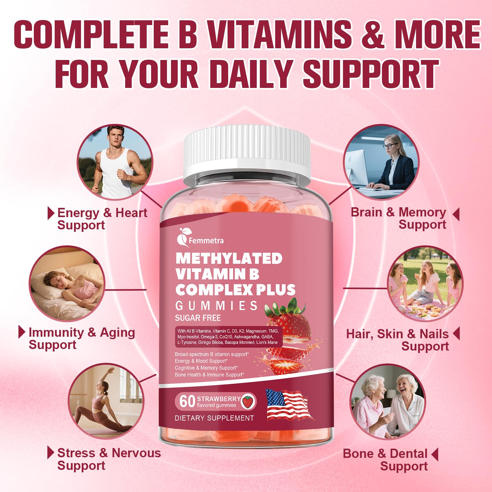 Ultra Methylated Vitamin B Complex Sugar Free Gummies - All B Vitamins + Vitamin C D3 K2 Ashwagandha Magnesium Omega 3 CoQ10 for Women Men - Methyl Vitamin B12 - Maple Wellness Supplements