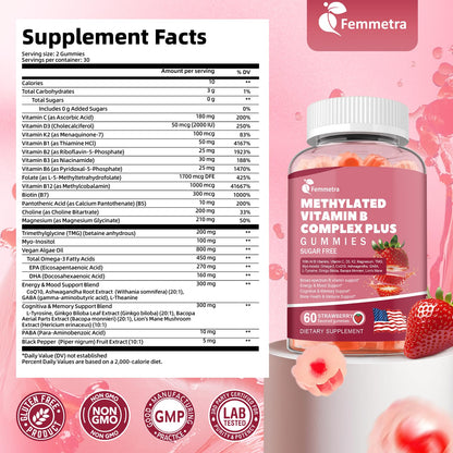 Ultra Methylated Vitamin B Complex Sugar Free Gummies - All B Vitamins + Vitamin C D3 K2 Ashwagandha Magnesium Omega 3 CoQ10 for Women Men - Methyl Vitamin B12 - Maple Wellness Supplements