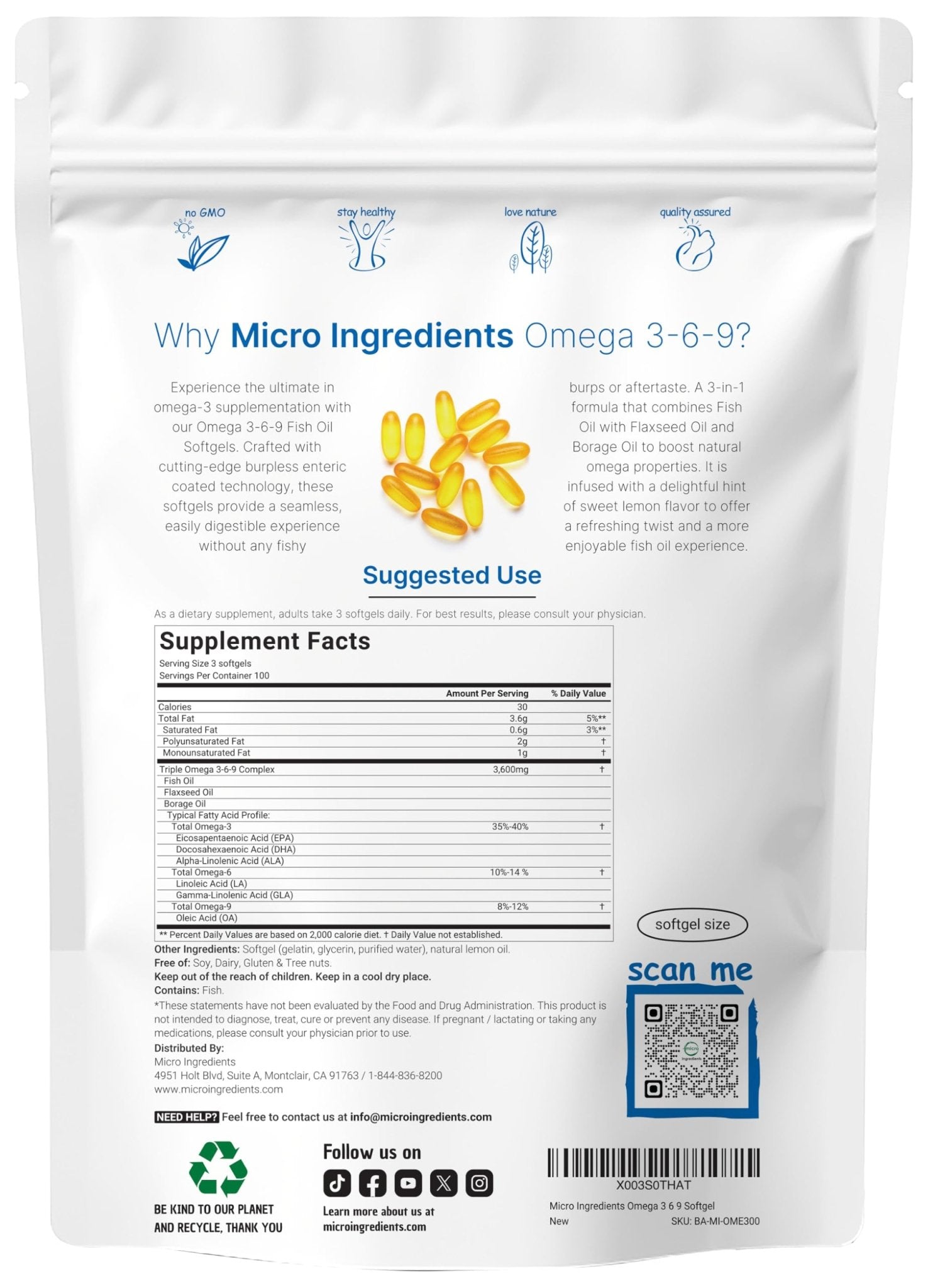 Ultra Omega 3-6-9 3600mg Per Serving, 300 Burpless Softgels | Lemon Flavor – Blend of Fish, Flaxseed, Borage Oils | Bioavailable Source - Maple Wellness Supplements
