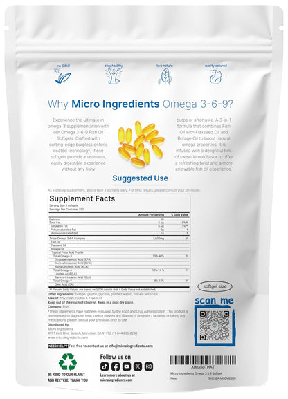 Ultra Omega 3-6-9 3600mg Per Serving, 300 Burpless Softgels | Lemon Flavor – Blend of Fish, Flaxseed, Borage Oils | Bioavailable Source - Maple Wellness Supplements