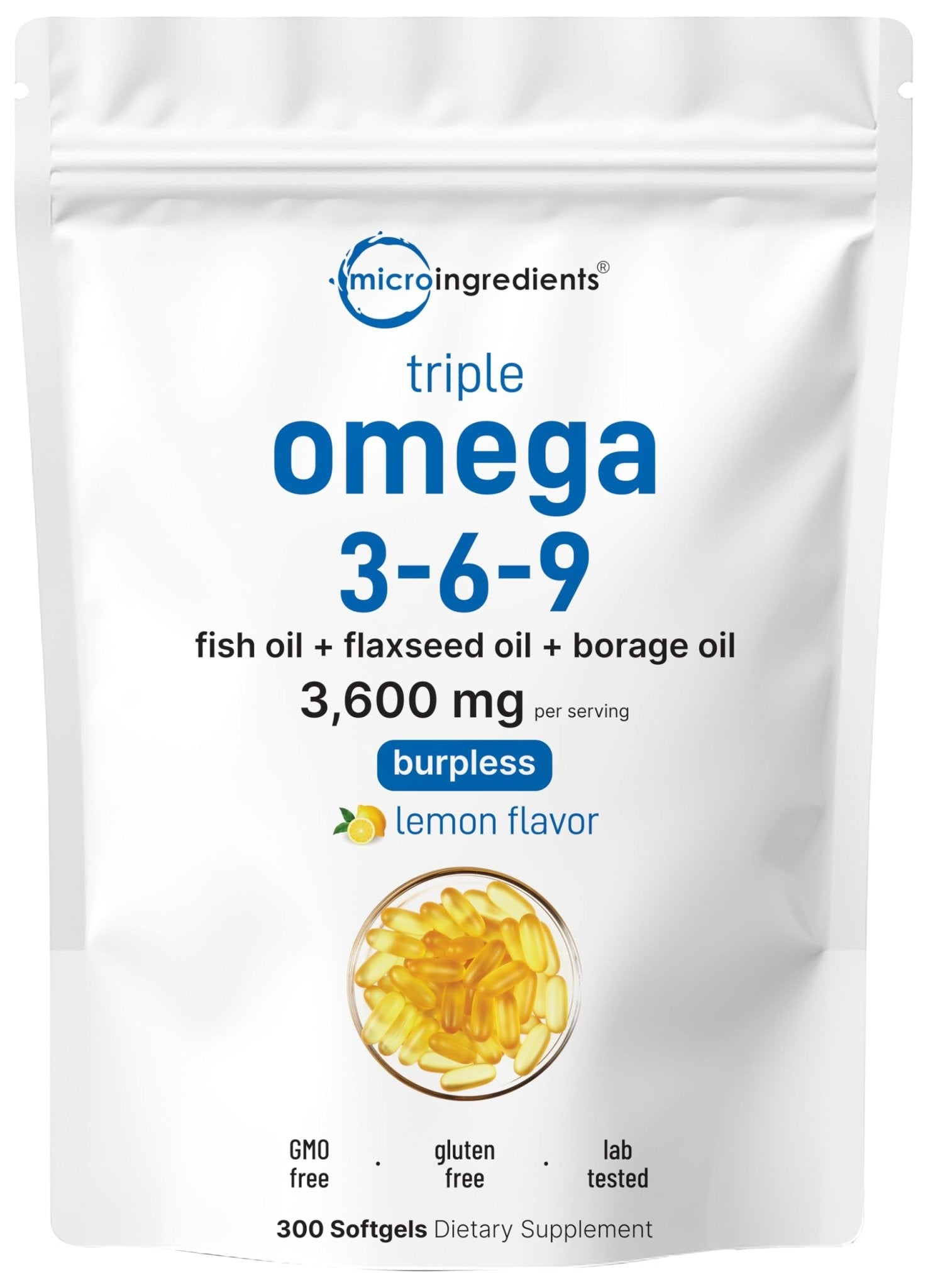 Ultra Omega 3-6-9 3600mg Per Serving, 300 Burpless Softgels | Lemon Flavor – Blend of Fish, Flaxseed, Borage Oils | Bioavailable Source - Maple Wellness Supplements