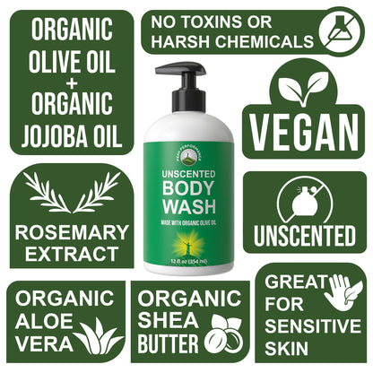 Ultra Pure Unscented Body Wash Made with Organic Ingredients Including Aloe Vera, Olive Oil, Jojoba, Coconut Oil, and Shea Butter. Great for Sensitive Skin. Natural Vegan Body Wash No Toxins - Maple Wellness Supplements