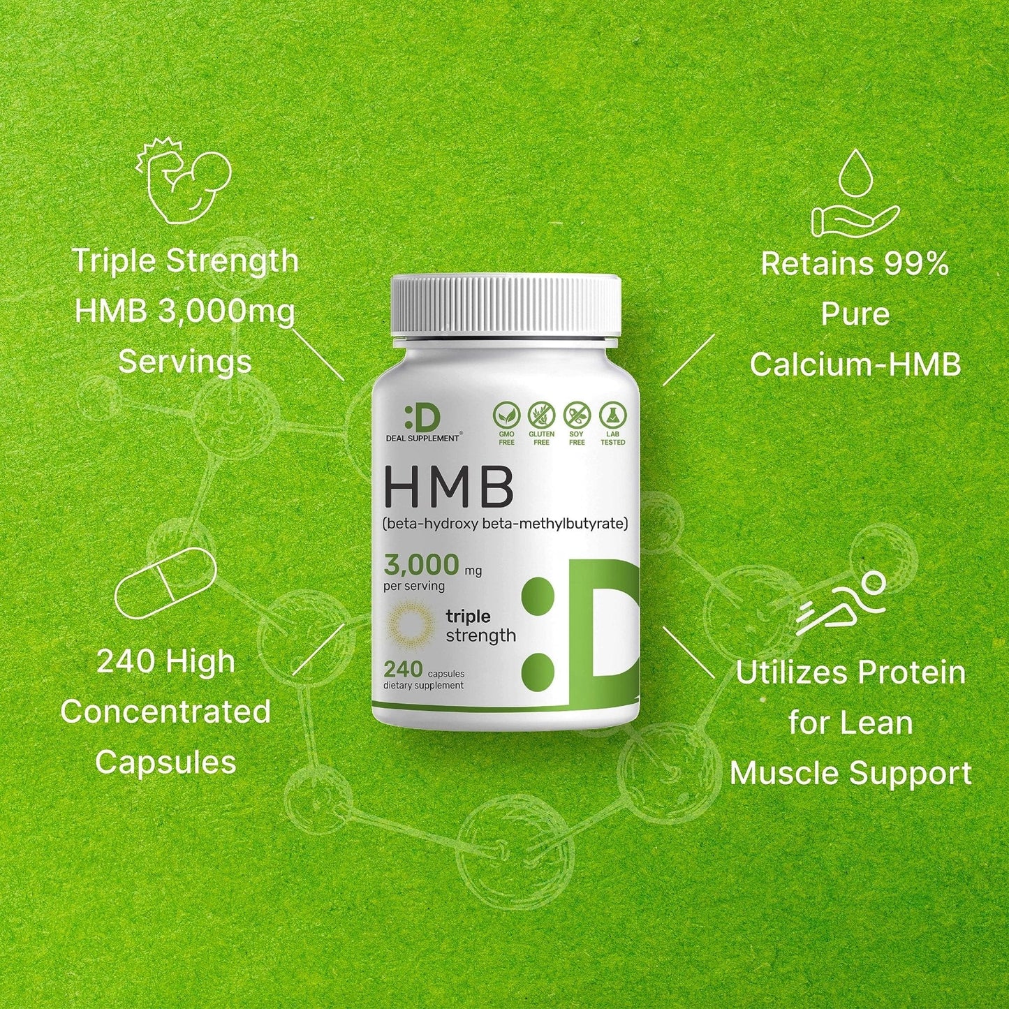 Ultra Strength HMB Supplements 3,000mg Per Serving, 240 Capsules | Third Party Tested | Supports Muscle Growth, Retention - Maple Wellness Supplements