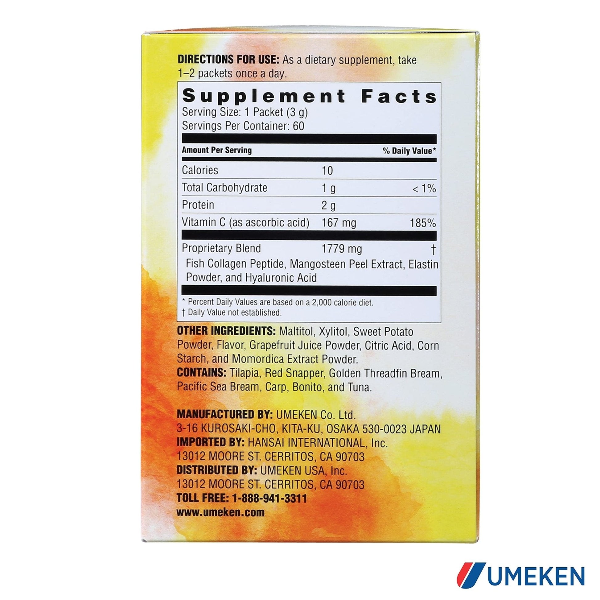 Umeken Elastin Beauty Powder Supplement with Collagen Peptides, Hyaluronic Acid, Vitamin C and Mangosteen Fruit, Women’s Health and Wellness, 1 Month Supply, 60 Packets - Maple Wellness Supplements