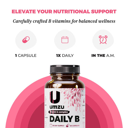 UMZU Daily B, 30 Day Supply – Complete Vitamin B Complex Supplement Blend with B1, B2, B3, B5, B6, B7, B9 & B12 Plus Folic Acid & Biotin – Supports Energy, Focus, Mood, - Maple Wellness Supplements