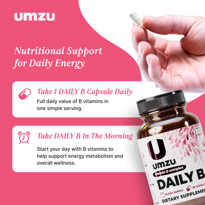 UMZU Daily B, 30 Day Supply – Complete Vitamin B Complex Supplement Blend with B1, B2, B3, B5, B6, B7, B9 & B12 Plus Folic Acid & Biotin – Supports Energy, Focus, Mood, - Maple Wellness Supplements