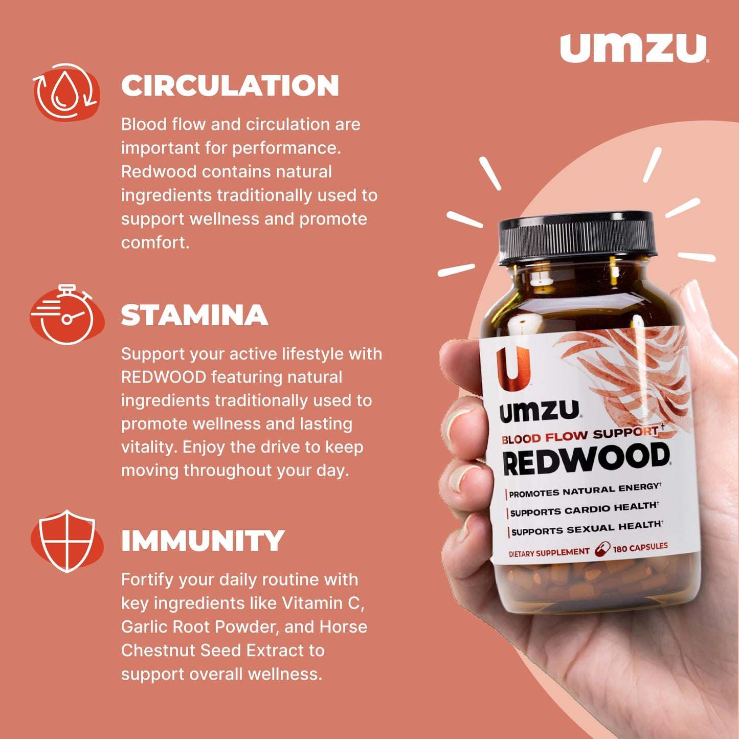 UMZU Redwood Nitric Oxide Booster, (30 Day Supply) – Vitamin C, Garlic & Horse Chestnut – Healthy Circulation & Endurance – Daily Cardiovascular Support Nitric Oxide - Maple Wellness Supplements