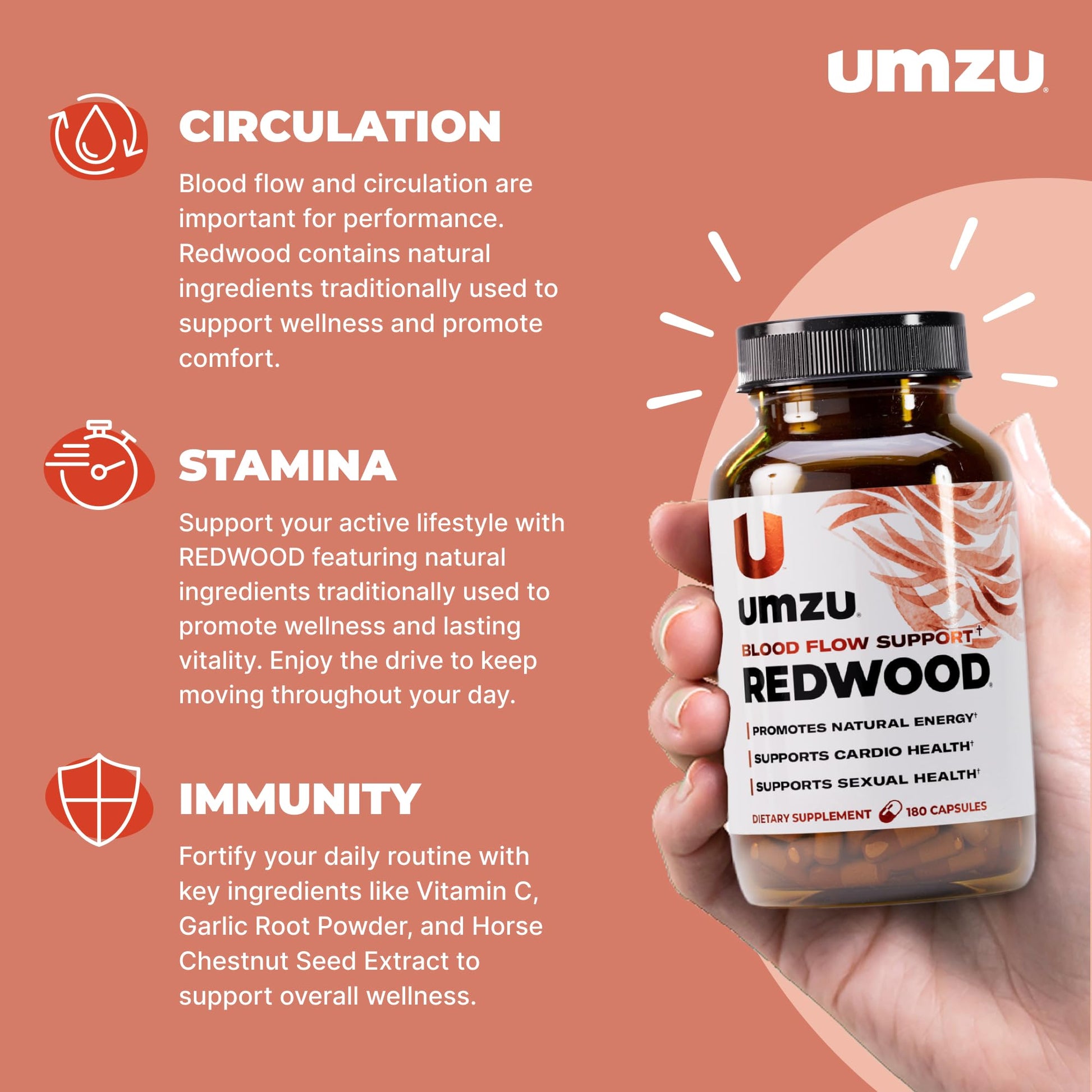 UMZU Redwood Nitric Oxide Booster, (30 Day Supply) – Vitamin C, Garlic & Horse Chestnut – Healthy Circulation & Endurance – Daily Cardiovascular Support Nitric Oxide - Maple Wellness Supplements