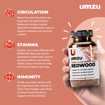 UMZU Redwood Nitric Oxide Booster, (30 Day Supply) – Vitamin C, Garlic & Horse Chestnut – Healthy Circulation & Endurance – Daily Cardiovascular Support Nitric Oxide - Maple Wellness Supplements