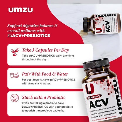 UMZU zuACV Apple Cider Vinegar + Prebiotics Supplement, (30 Day Supply) – ACV & Inulin Fiber Blend – Gut Health Support with ACV Capsules - Maple Wellness Supplements
