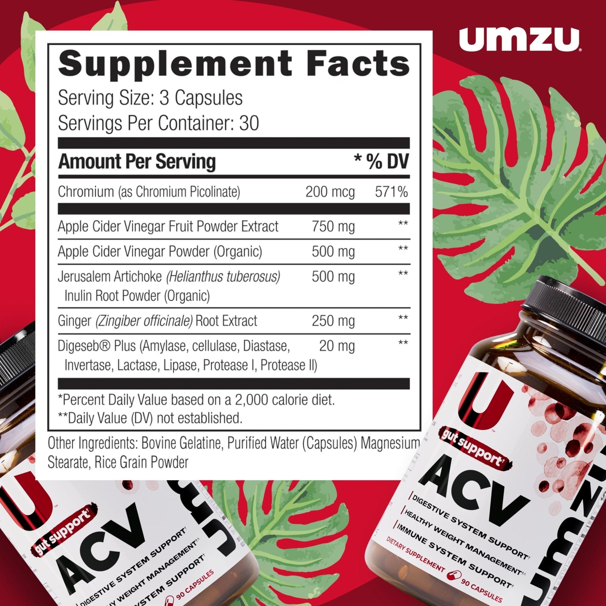 UMZU zuACV Apple Cider Vinegar + Prebiotics Supplement, (30 Day Supply) – ACV & Inulin Fiber Blend – Gut Health Support with ACV Capsules - Maple Wellness Supplements