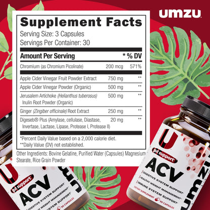 UMZU zuACV Apple Cider Vinegar + Prebiotics Supplement, (30 Day Supply) – ACV & Inulin Fiber Blend – Gut Health Support with ACV Capsules - Maple Wellness Supplements