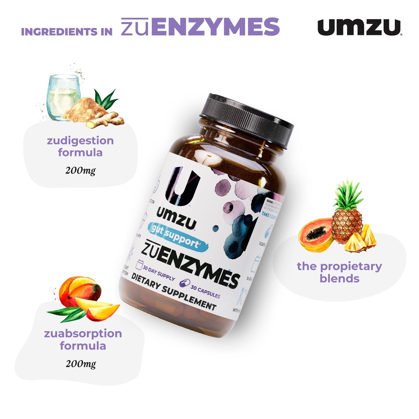 UMZU zuEnzymes Digestive Support Supplement, (30 Day Supply) – 21 Enzyme Blend with Lipase Protease & Amylase – Digestive Enzymes for Gut Health & Probiotic Daily - Maple Wellness Supplements