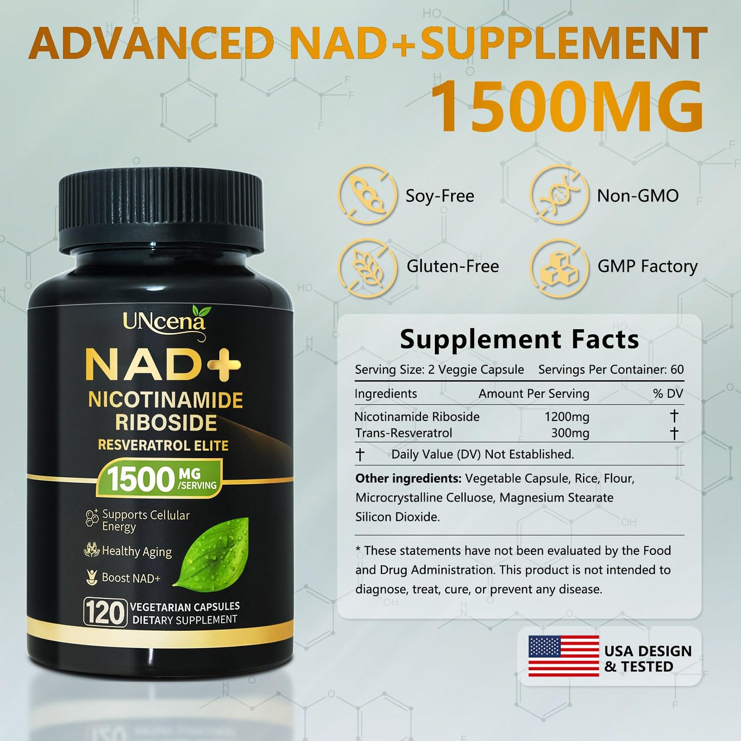 UNcena NAD Supplement 1500mg - Liposomal NAD+ Nicotinamide Riboside with Resveratrol, NAD Plus Boosting - Support Cellular Health, Stamina & Healthy Aging for Women & Men- 120 Capsules - Maple Wellness Supplements