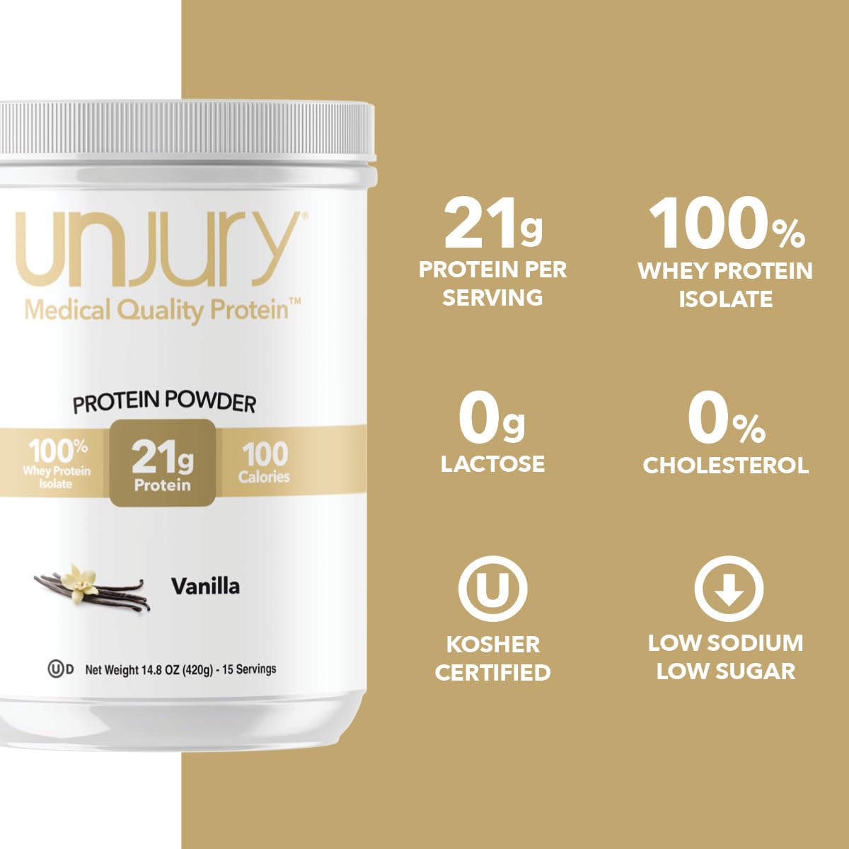 Unjury Whey Protein Powder | Vanilla | 21g 100% Whey Isolate Protein Powder | Low Carb and Lactose Free | Gluten Free | Certified Kosher | 15 Servings - Maple Wellness Supplements