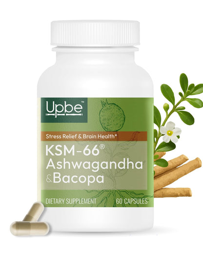 Upbe Ashwagandha Supplements for Women & Men - KSM-66® with Bacopa & Milk Thistle, 60 Vegan Capsules - Stress Relief, Mood, Cortisol Support, Extra Strength Ashwagandha Capsules - Maple Wellness Supplements