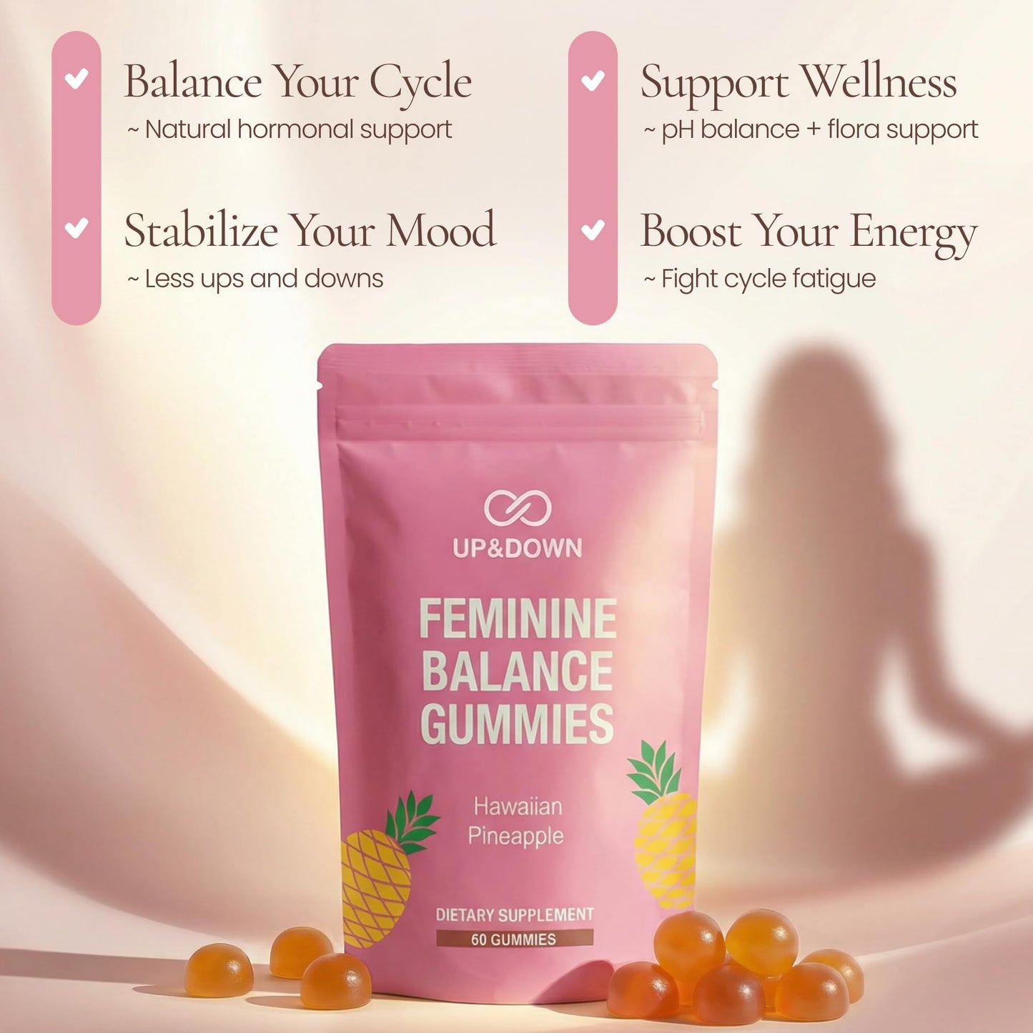 Up&Down Supplements Premium Feminine Balance Gummies for Women | PMS Relief, Mood & Cycle Support | Pineapple + Vitamin C | Ashwagandha & Chasteberry | Vegan, Non-GMO, Gluten Free | 60 Gummies - Maple Wellness Supplements