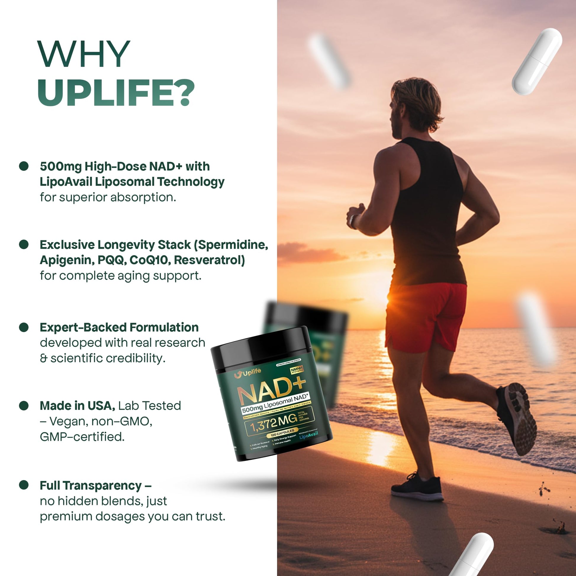 UPLIFE NAD+ Supplement 1,372mg – Liposomal NAD+ with CoQ10, Resveratrol, Spermidine, L-Theanine, Apigenin & PQQ – NMNH Alternative Booster Cellular Energy, Healthy Aging, Immune Health – 120 Capsules - Maple Wellness Supplements