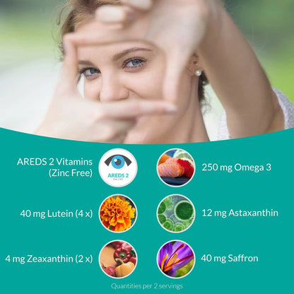 UpNourish AREDS 2 Plus Eye Vitamin Supplement, AREDS 2 Zinc Free Formula with Lutein, Zeaxanthin, Saffron, Astaxanthin & DHA - 120 softgels - Maple Wellness Supplements