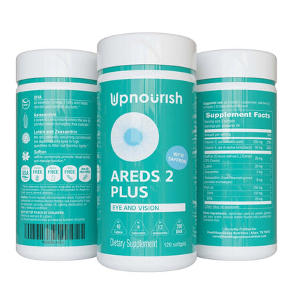 UpNourish AREDS 2 Plus Eye Vitamin Supplement, AREDS 2 Zinc Free Formula with Lutein, Zeaxanthin, Saffron, Astaxanthin & DHA - 120 softgels - Maple Wellness Supplements