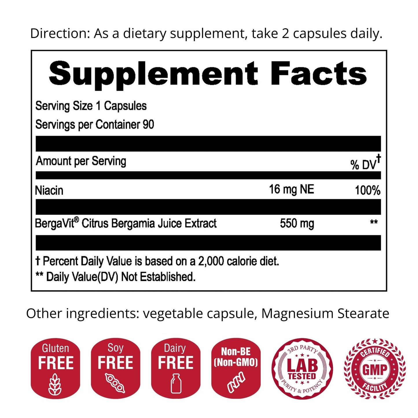 UpNourish BERGAVIT Citrus Bergamot Cholesterol Supplement - Italian Citrus Bergamot Extract 550mg for Women and Men 90 Vegan Capsules - Maple Wellness Supplements