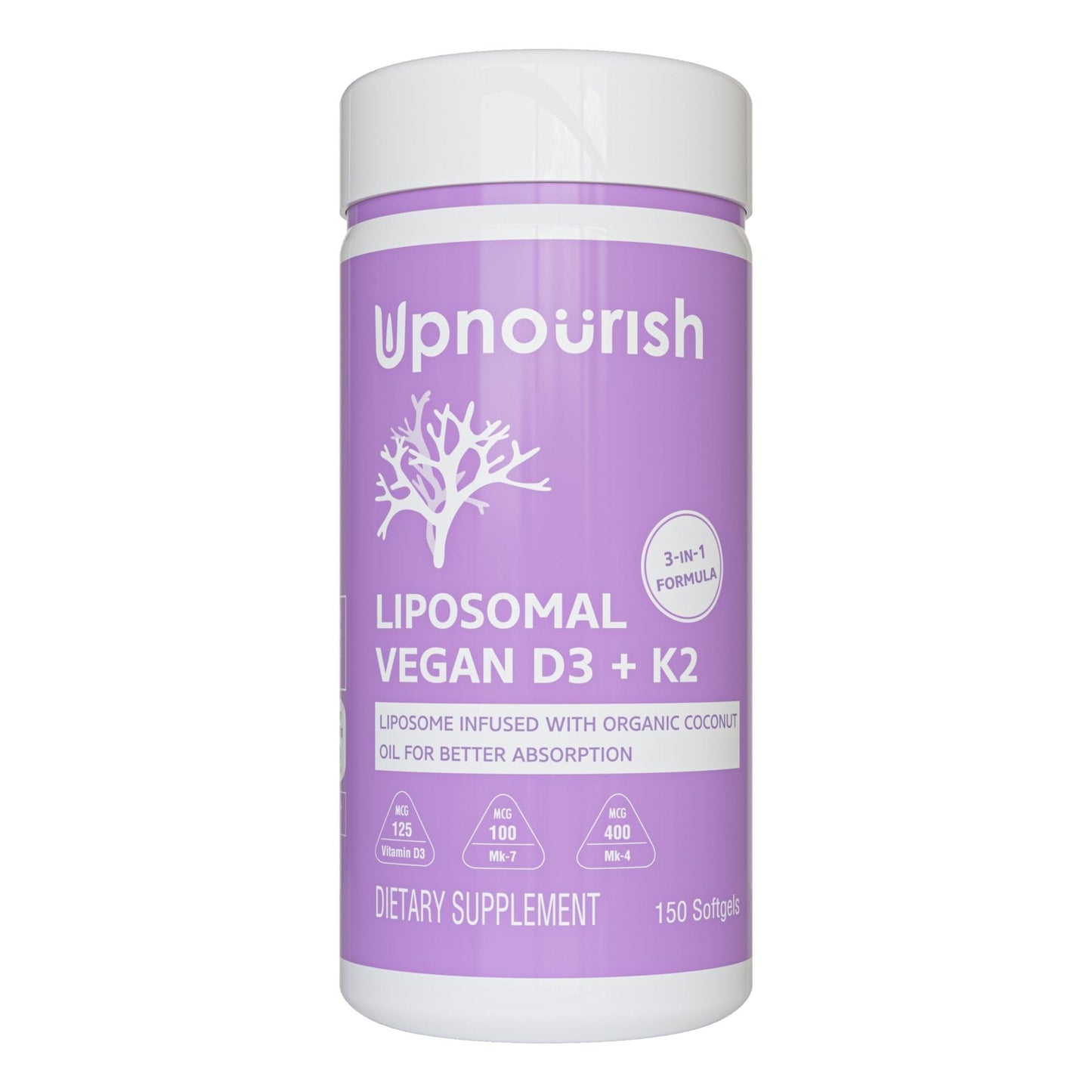 UpNourish Certified Vegan Vitamin D3 5000 IU K2 MK4 MK7 500 mcg Supplement, 150 Softgels, Plant Based Liposomal Vitamin D K with Organic - Maple Wellness Supplements