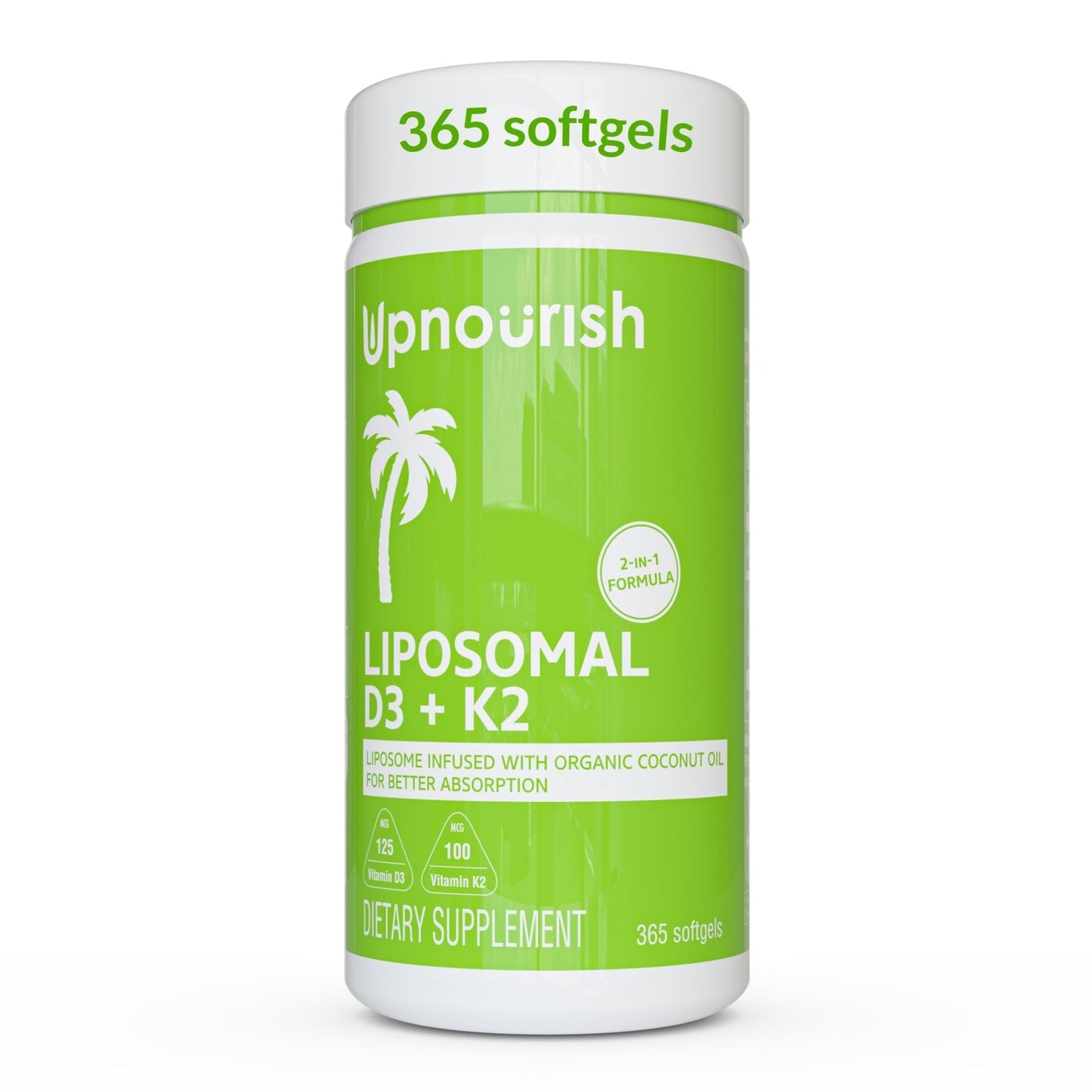 UpNourish Liposomal D3 K2 MK-7 – 365 Mini softgels with Organic Coconut Oil - 5000 IU 125 mcg Vitamin D3 and 100 mcg Vitamin k2 - Maple Wellness Supplements