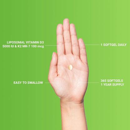 UpNourish Liposomal D3 K2 MK-7 – 365 Mini softgels with Organic Coconut Oil - 5000 IU 125 mcg Vitamin D3 and 100 mcg Vitamin k2 - Maple Wellness Supplements