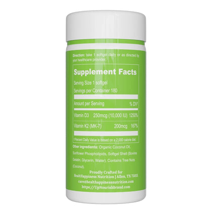 UpNourish Liposomal D3 K2 Vitamin 10000 IU D3 and K2 MK-7 200 mcg - 180 Vitamin D3 k2 (Vitamina D3 con K2) Mini Softgels - Easy to Swallow K2 D3 Vitamin - Maple Wellness Supplements