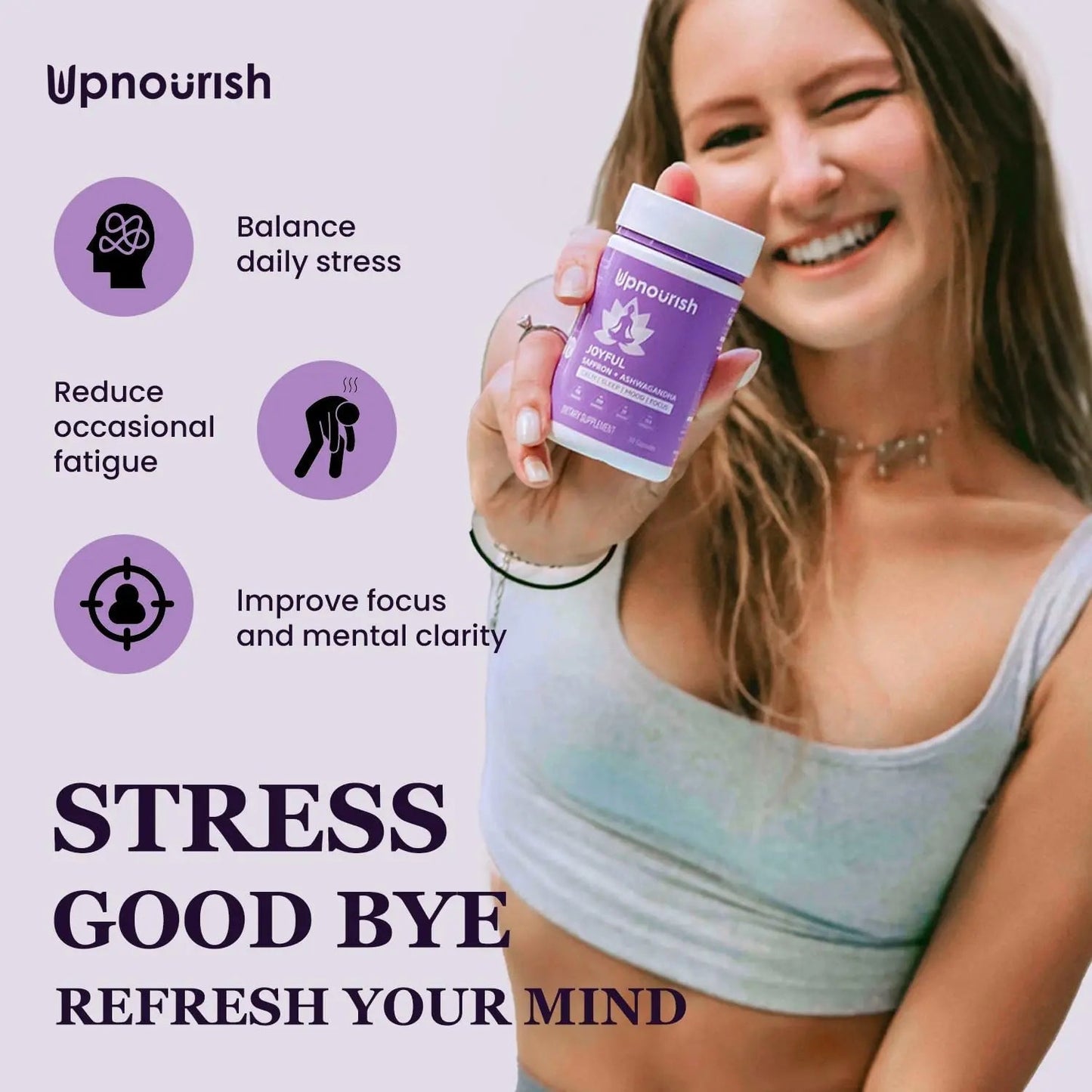 UpNourish Organic Ashwagandha Saffron Supplements with Probiotics - Stress Relief, Mood Enhancer, Calm Happy Pills Support Fatigue Focus Clarity with L-Theanine, Rhodiola, 30 Vegan Capsules - Maple Wellness Supplements