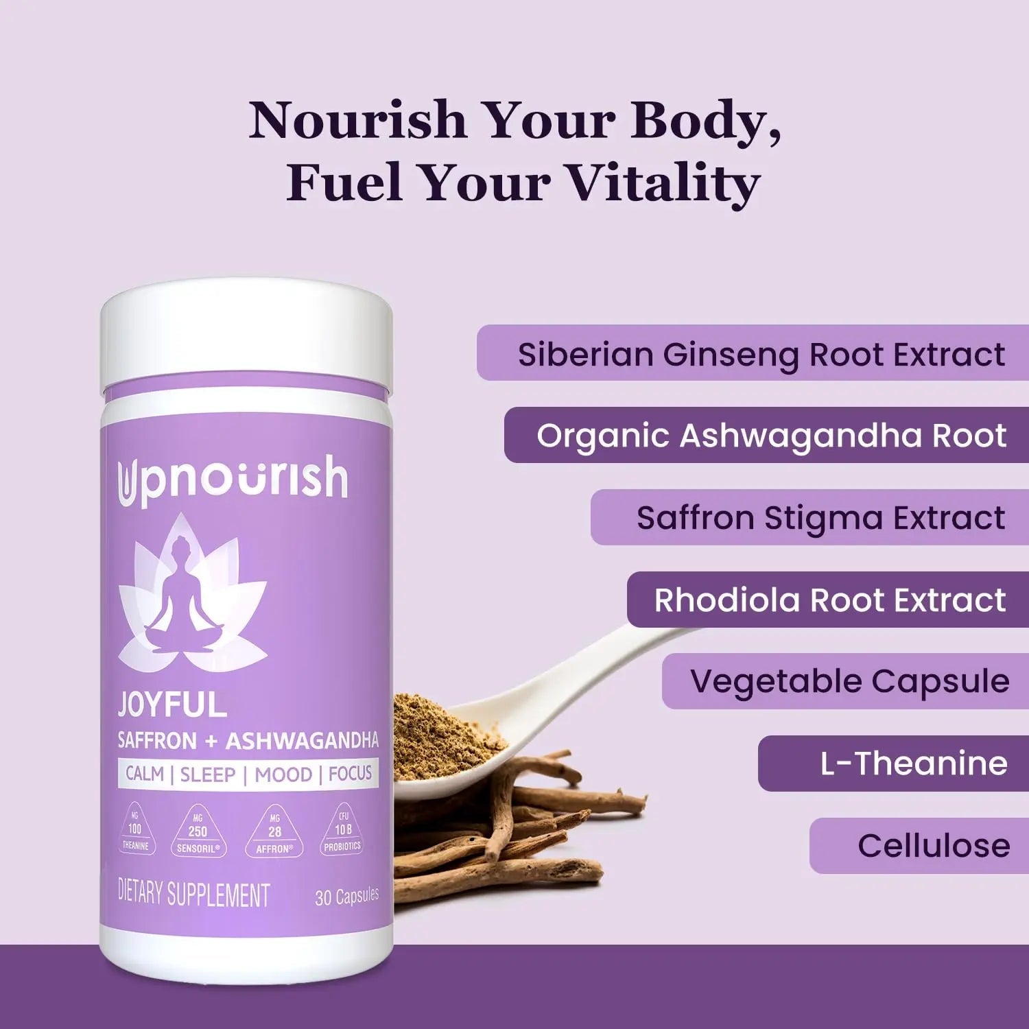 UpNourish Organic Ashwagandha Saffron Supplements with Probiotics - Stress Relief, Mood Enhancer, Calm Happy Pills Support Fatigue Focus Clarity with L-Theanine, Rhodiola, 30 Vegan Capsules - Maple Wellness Supplements