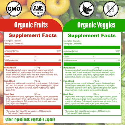 UpNourish Organic Fruits and Veggies Supplement - Support Diet Balance, Body Cleanse & Energy - 480 Fruits and Super Greens Capsules from Nature - Fruit and Vegetable Supplements for Adults & Kids - Maple Wellness Supplements