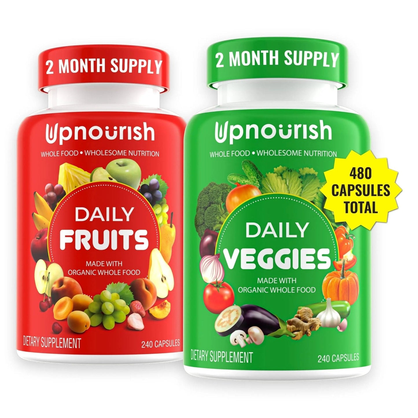 UpNourish Organic Fruits and Veggies Supplement - Support Diet Balance, Body Cleanse & Energy - 480 Fruits and Super Greens Capsules from Nature - Fruit and Vegetable Supplements for Adults & Kids - Maple Wellness Supplements