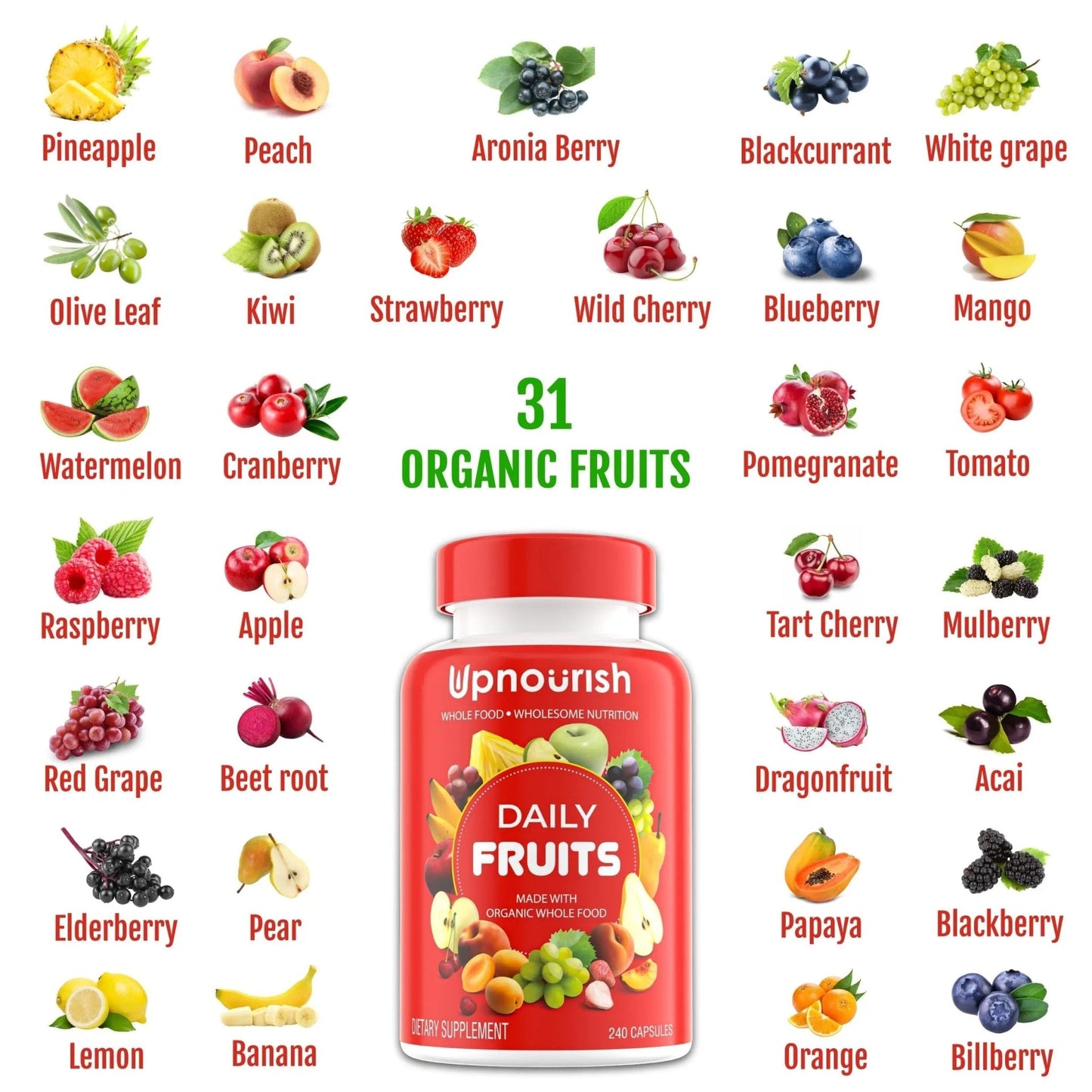 UpNourish Organic Fruits and Veggies Supplement - Support Diet Balance, Body Cleanse & Energy - 480 Fruits and Super Greens Capsules from Nature - Fruit and Vegetable Supplements for Adults & Kids - Maple Wellness Supplements