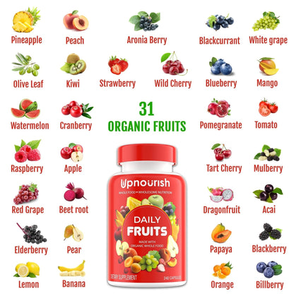 UpNourish Organic Fruits and Veggies Supplement - Support Diet Balance, Body Cleanse & Energy - 480 Fruits and Super Greens Capsules from Nature - Fruit and Vegetable Supplements for Adults & Kids - Maple Wellness Supplements