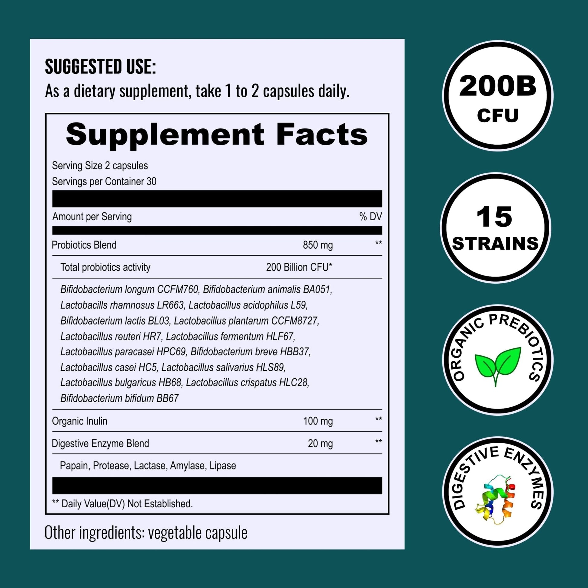 UpNourish Probiotics - 200 Billion CFUs for Men and Women, 15 Clinically Studied Strains, Prebiotics & Enzymes - 60 Vegan Capsules - Maple Wellness Supplements