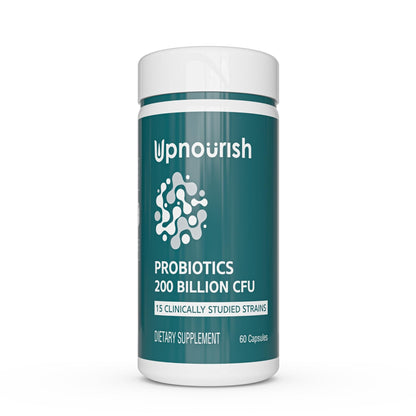 UpNourish Probiotics - 200 Billion CFUs for Men and Women, 15 Clinically Studied Strains, Prebiotics & Enzymes - 60 Vegan Capsules - Maple Wellness Supplements