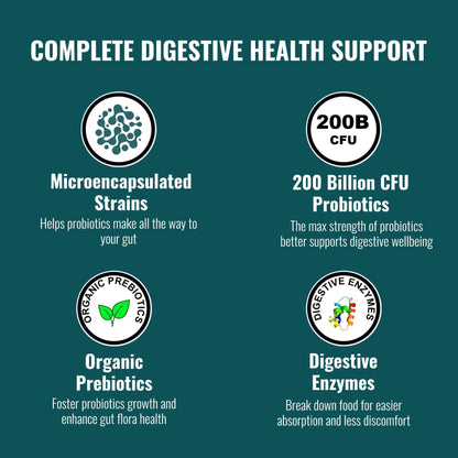 UpNourish Probiotics - 200 Billion CFUs for Men and Women, 15 Clinically Studied Strains, Prebiotics & Enzymes - 60 Vegan Capsules - Maple Wellness Supplements