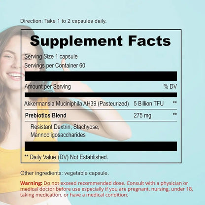 UpNourish Probiotics for GLP-1 Support, 5 Billion TFU Akkermansia Muciniphila for Digestive Health, Leaky Gut, Immunity and Metabolic Health, Prebiotics and Probiotics for Women and Men, 60 Capsules - Maple Wellness Supplements