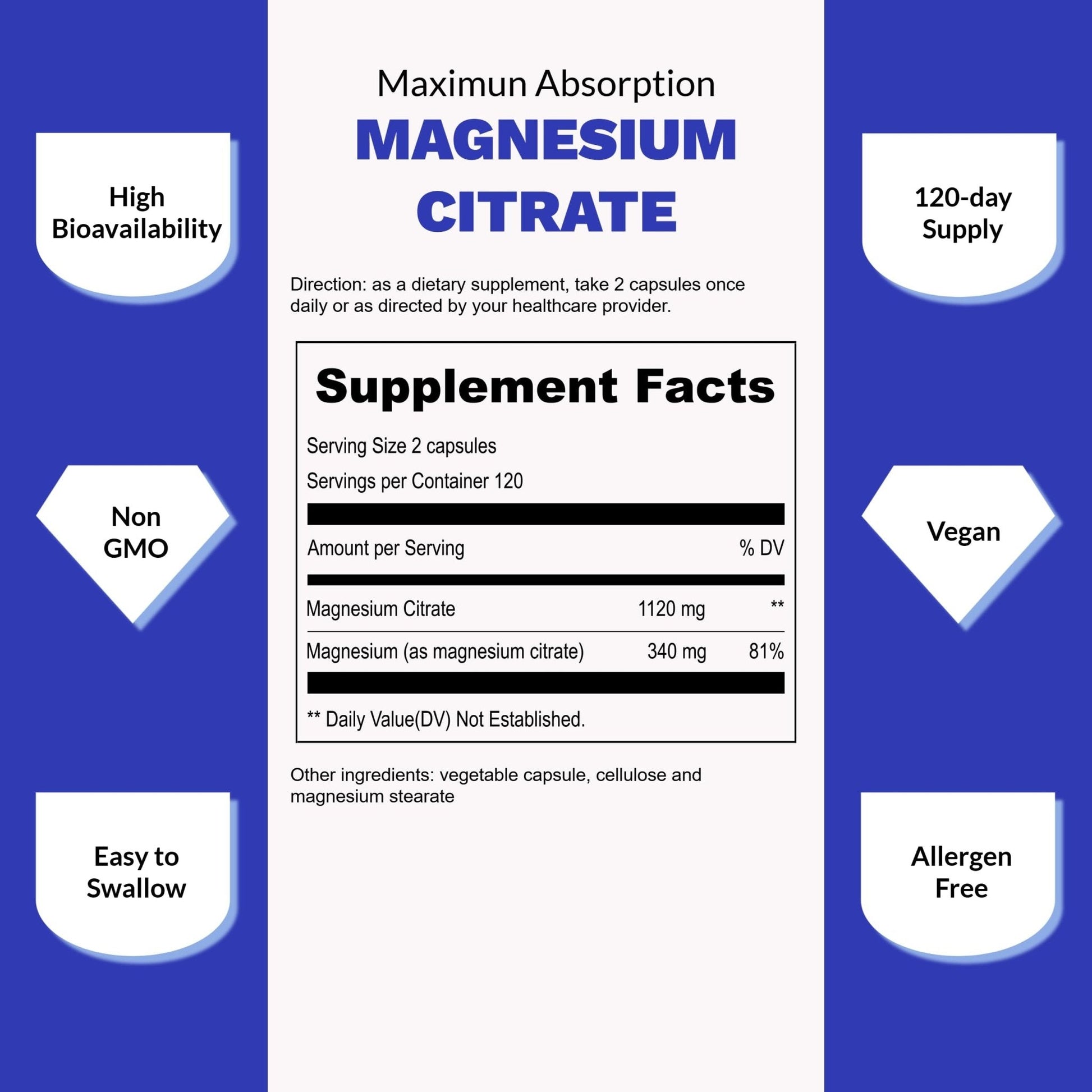 UpNourish Pure Magnesium Citrate (Citrato de Magnesio) 1120mg, 240 Capsules - High Absorption Magnesium Supplement for Women & Men - Natural Calm Magnesium for Constipation, Relax, Cramp Defense - Maple Wellness Supplements