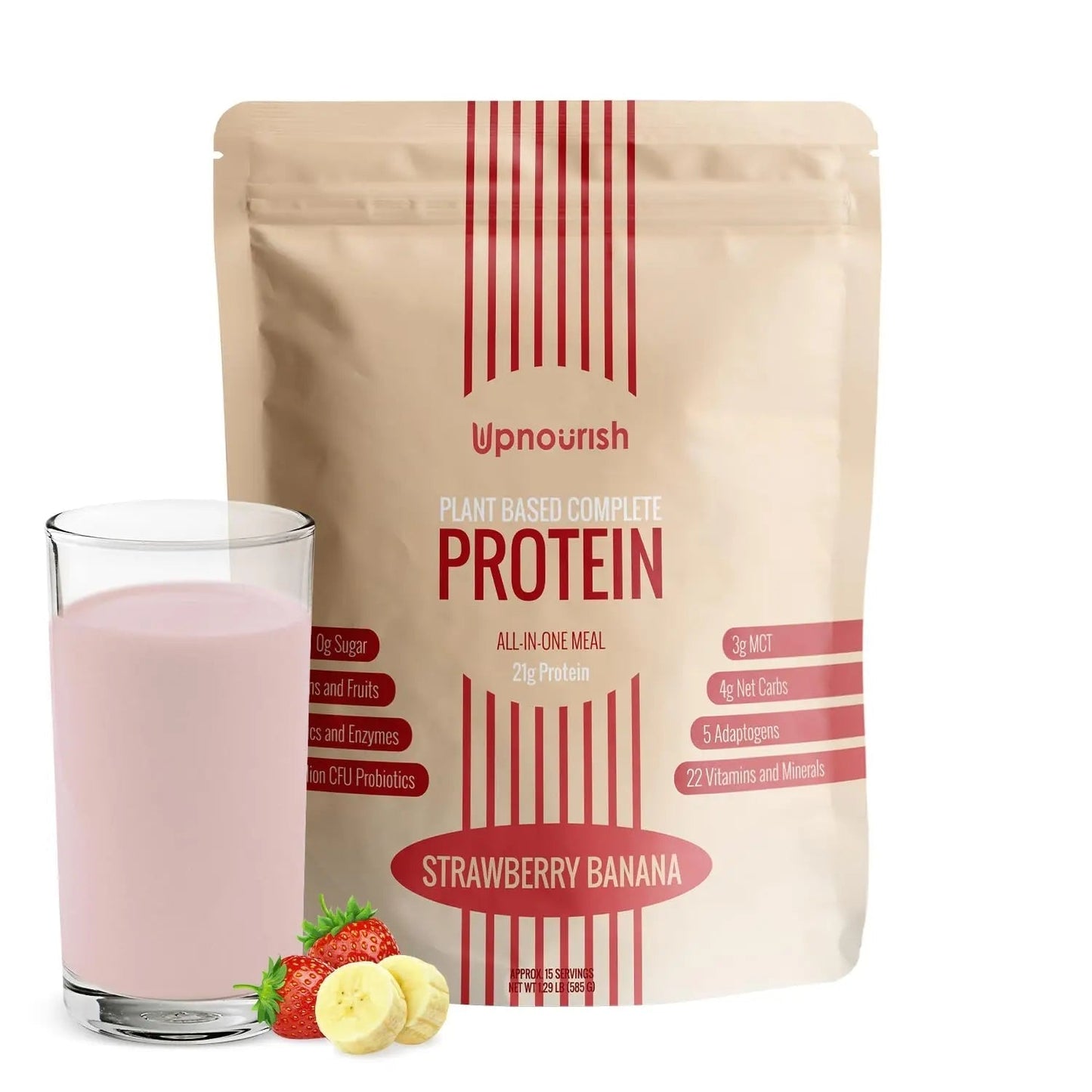 UpNourish Strawberry Banana Vegan Protein Powder 54 Superfoods Powder,1.5 Billion CFU Probiotics 21g Plant Based Protein,No Sugar No Dairy No GMO Dairy Free,Meal Replacement Shake Keto-Friendly Low-Carb Diet,15 Servings - Maple Wellness Supplements