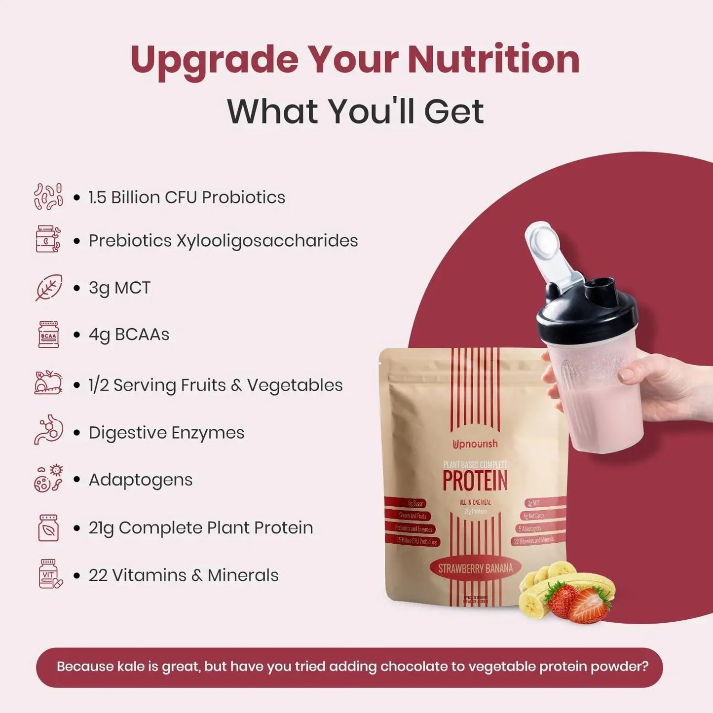 UpNourish Strawberry Banana Vegan Protein Powder 54 Superfoods Powder,1.5 Billion CFU Probiotics 21g Plant Based Protein,No Sugar No Dairy No GMO Dairy Free,Meal Replacement Shake Keto-Friendly Low-Carb Diet,15 Servings - Maple Wellness Supplements
