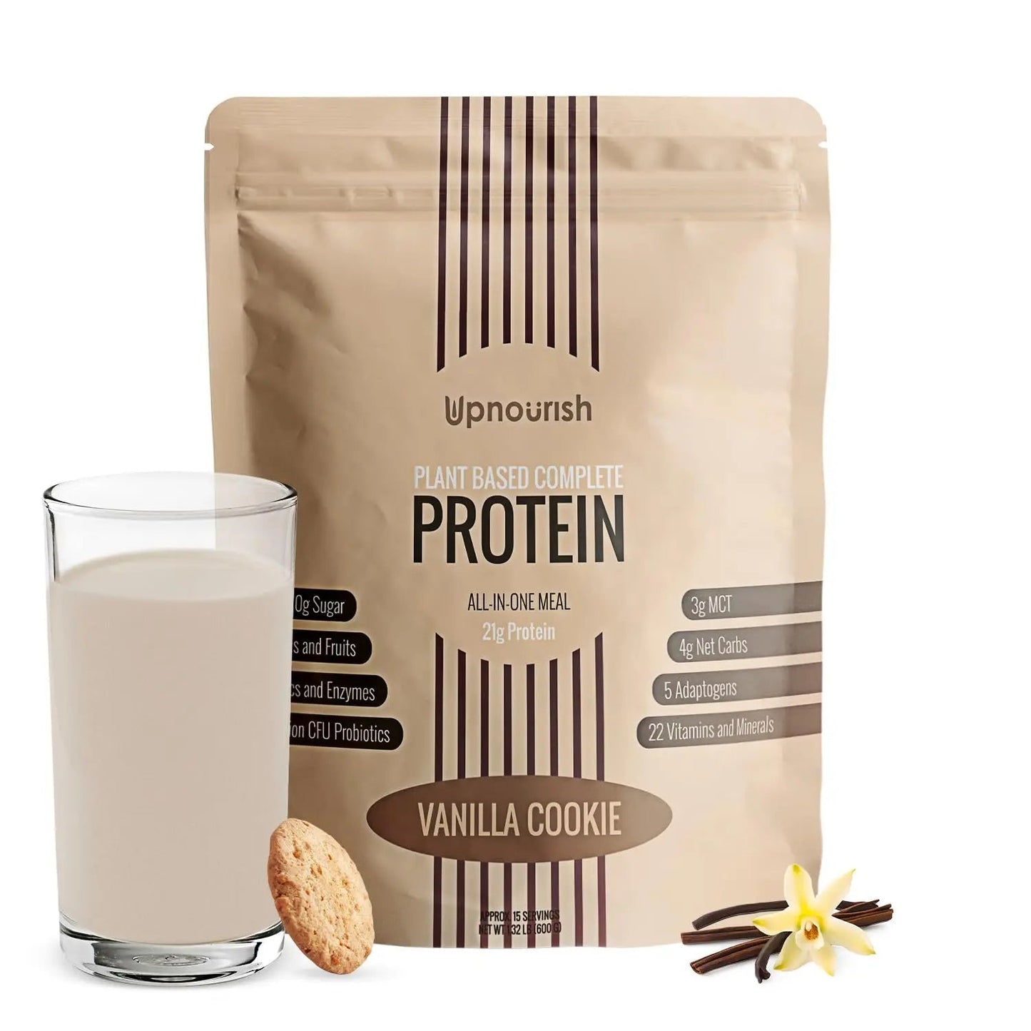 UpNourish Vanilla Cookie Vegan Protein Powder 54 Superfoods Powder,1.5 Billion CFU Probiotics 21g Plant Based Protein,No Sugar No Dairy No GMO Dairy Free,Meal Replacement Shake Keto-Friendly Low-Carb Diet,15 Servings - Maple Wellness Supplements
